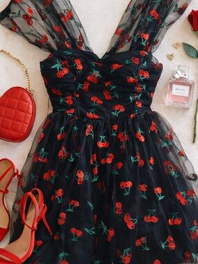 Unique Vintage Black Dress with Red and Green Cherry Print